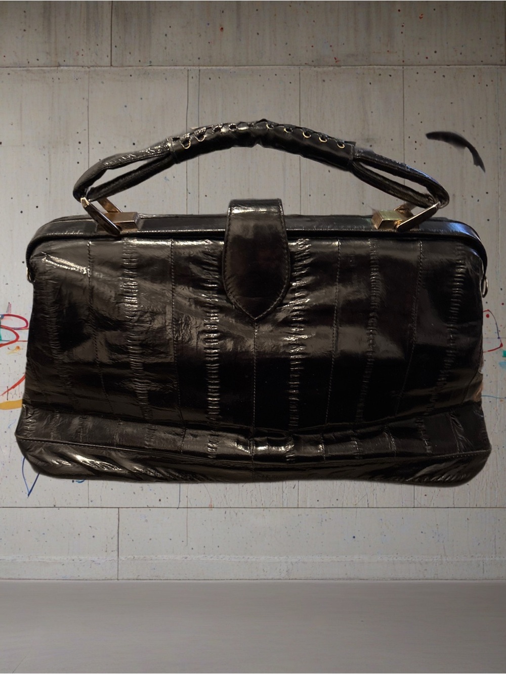 1960’s Lee Sands Black Eel Skin Purse Vintage Doctor Bag Style Handbag